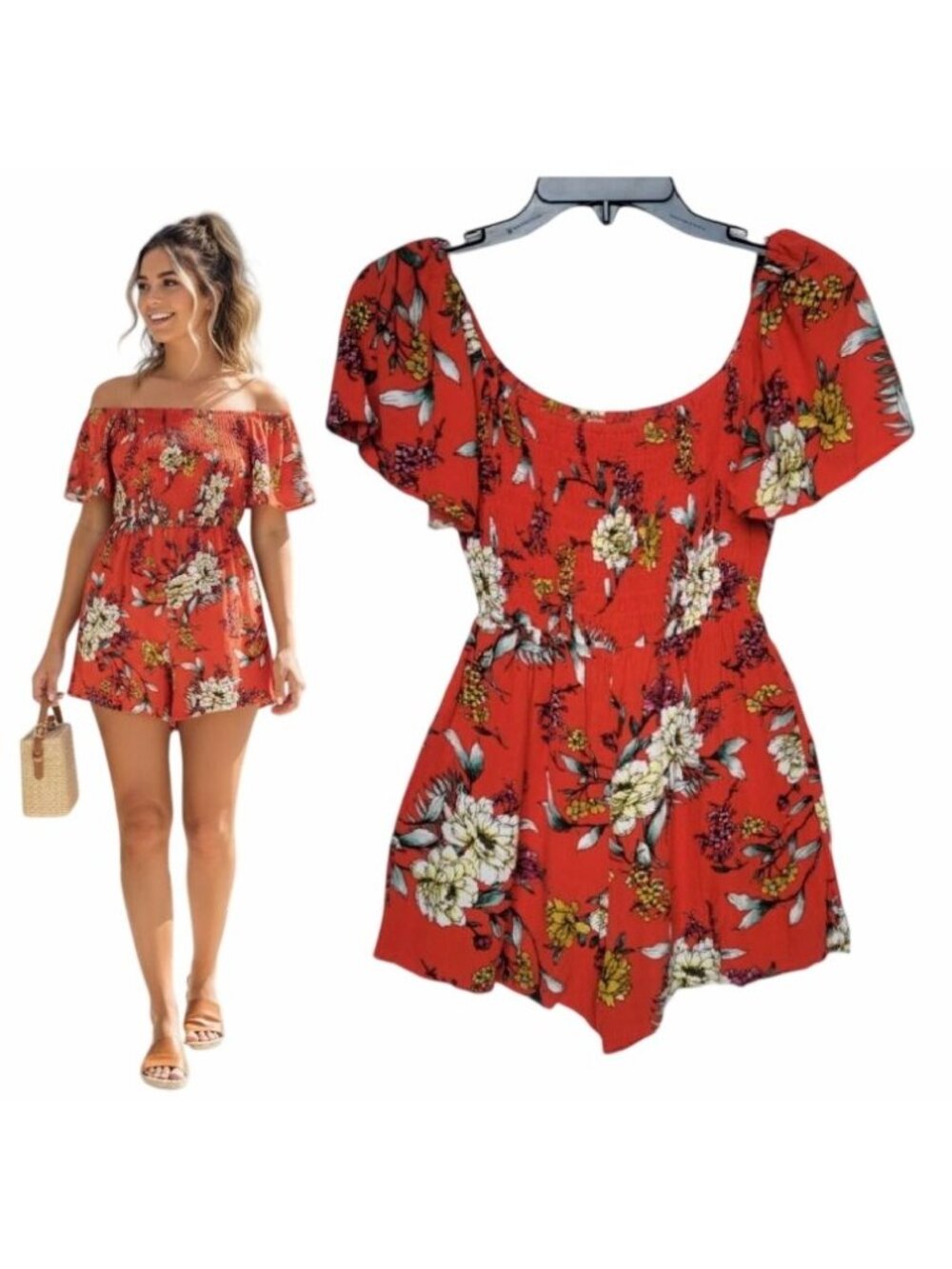 Women Romper Sz S Lily Rose Smocked Scoopneck Flutter sleeves floral red